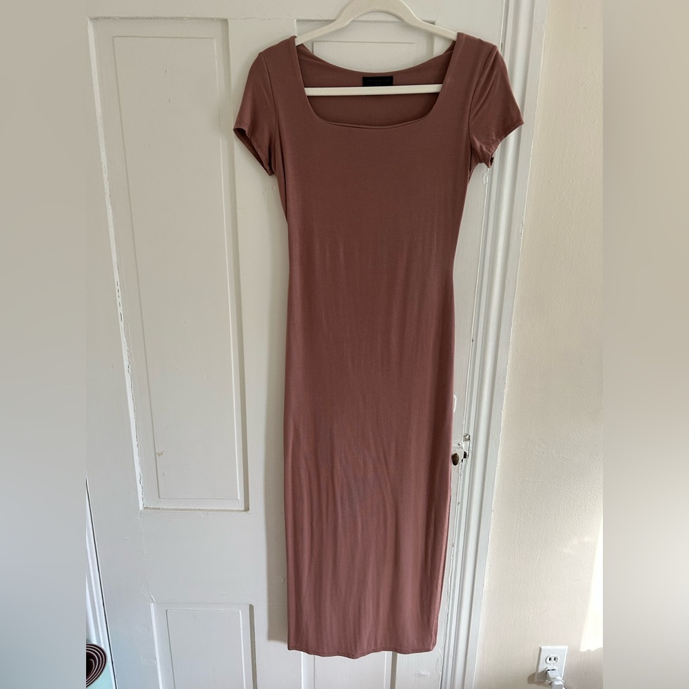 See You Monday Brown Bodycon Midi Dress Square Neck Short Sleeve